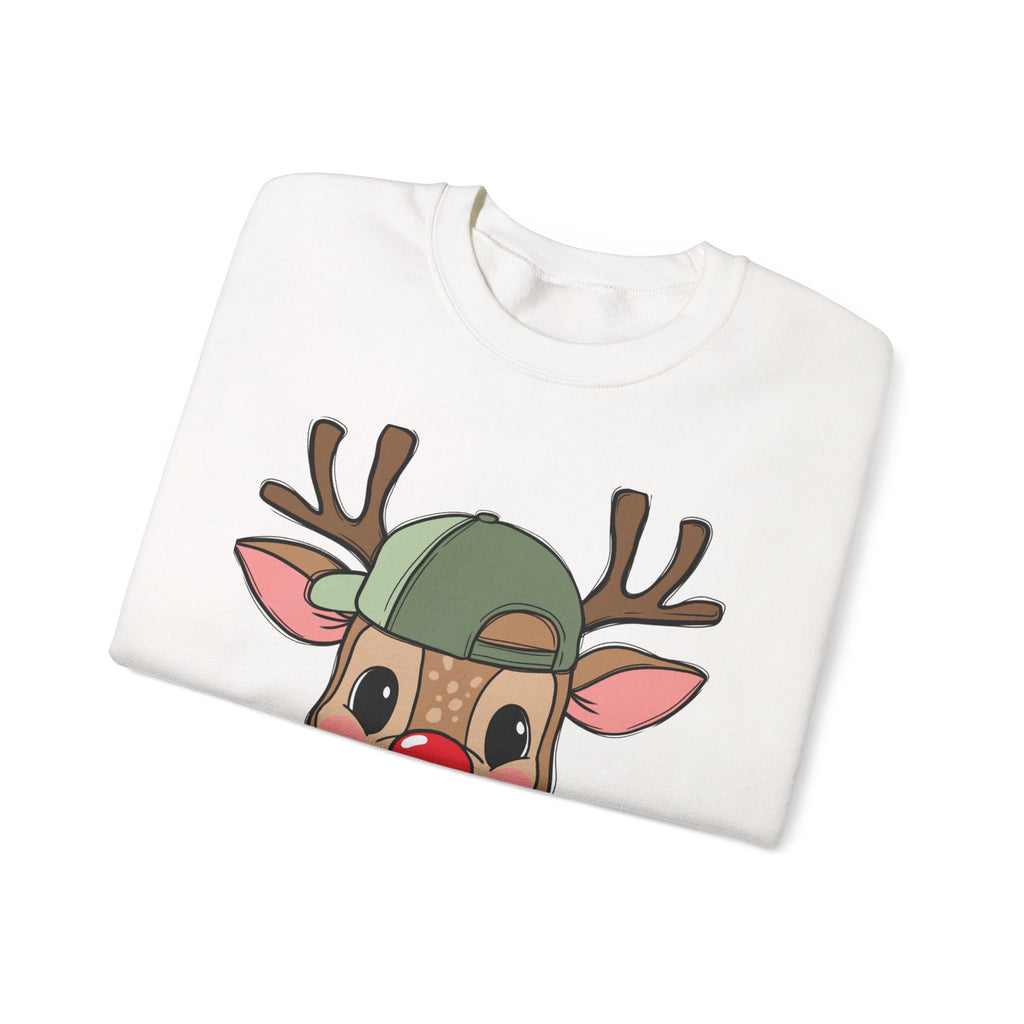 Cute Reindeer Face Sweatshirt – Festive Rudolph with Cap Christmas Crewneck