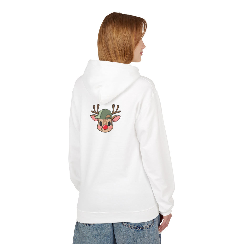 Christmas Reindeer Face Hoodie — Cute Rudolph with Green Beanie Holiday Sweatshirt