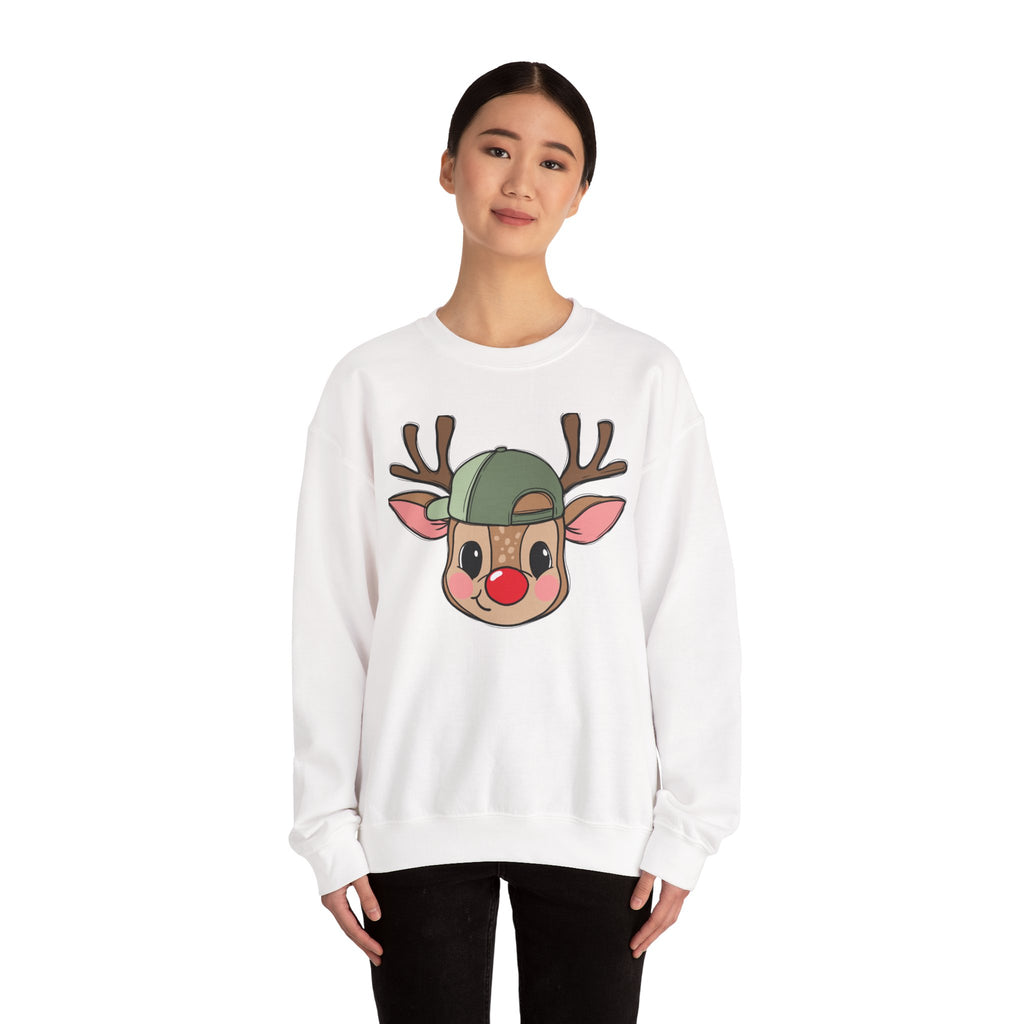 Cute Reindeer Face Sweatshirt – Festive Rudolph with Cap Christmas Crewneck