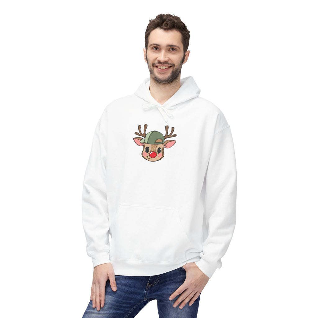 Christmas Reindeer Face Hoodie — Cute Rudolph with Green Beanie Holiday Sweatshirt