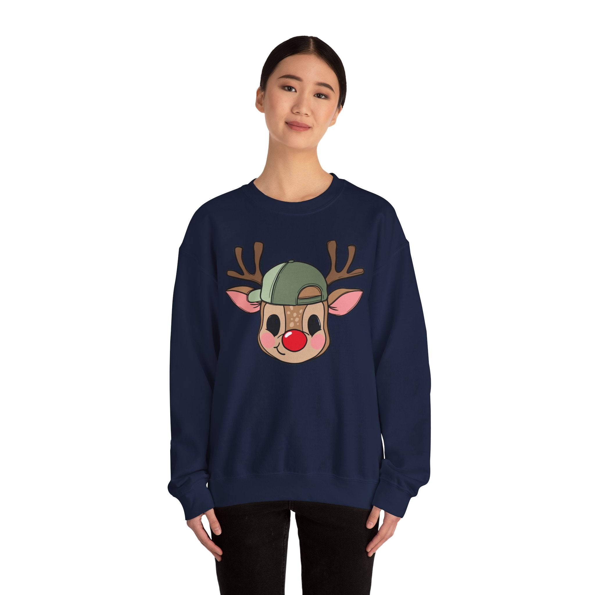 Cute Reindeer Face Sweatshirt – Festive Rudolph with Cap Christmas Crewneck