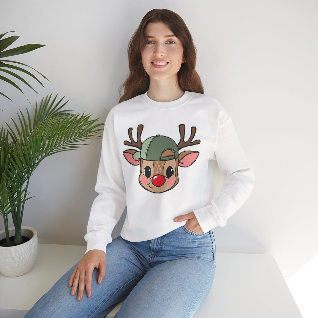 Cute Reindeer Face Sweatshirt – Festive Rudolph with Cap Christmas Crewneck
