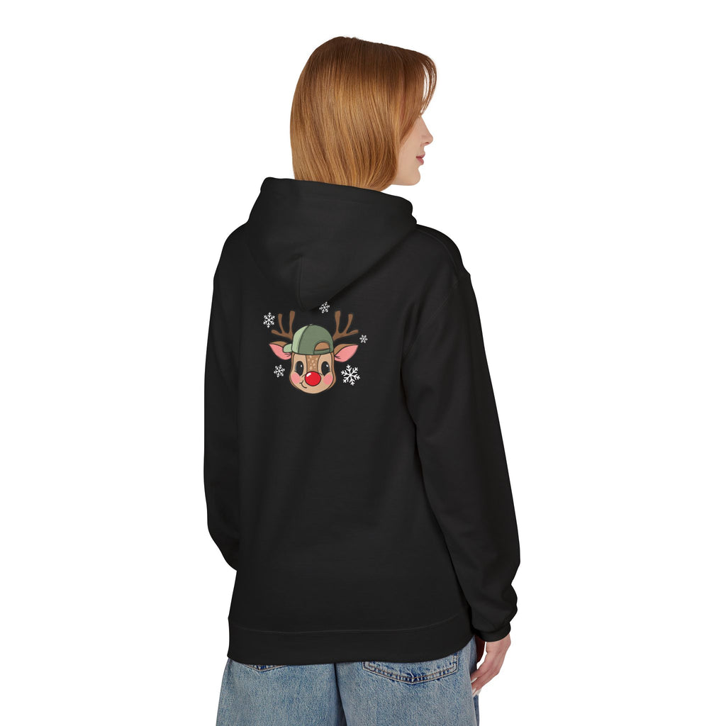 Christmas Reindeer Face Hoodie — Cute Rudolph with Green Beanie Holiday Sweatshirt