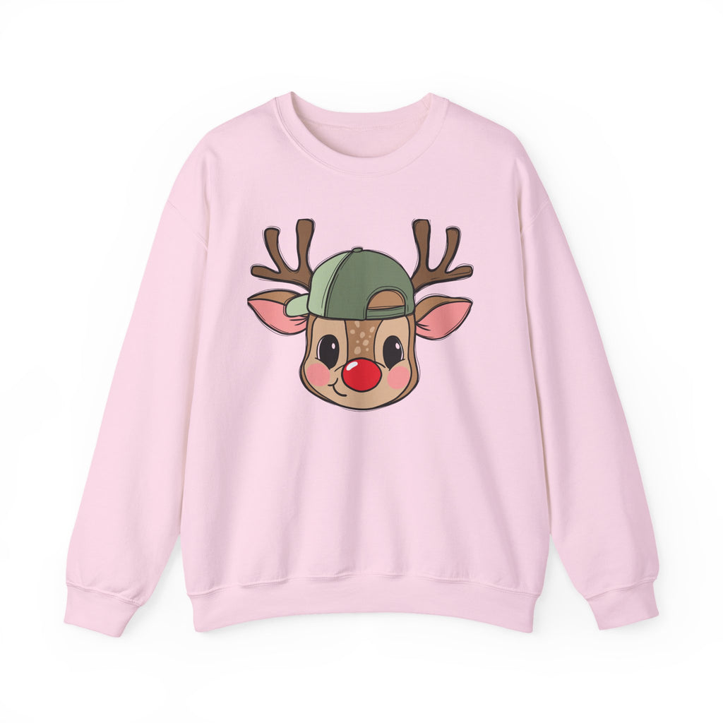 Cute Reindeer Face Sweatshirt – Festive Rudolph with Cap Christmas Crewneck