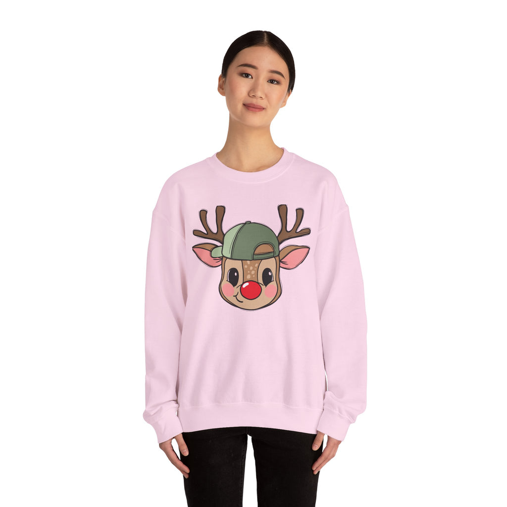Cute Reindeer Face Sweatshirt – Festive Rudolph with Cap Christmas Crewneck