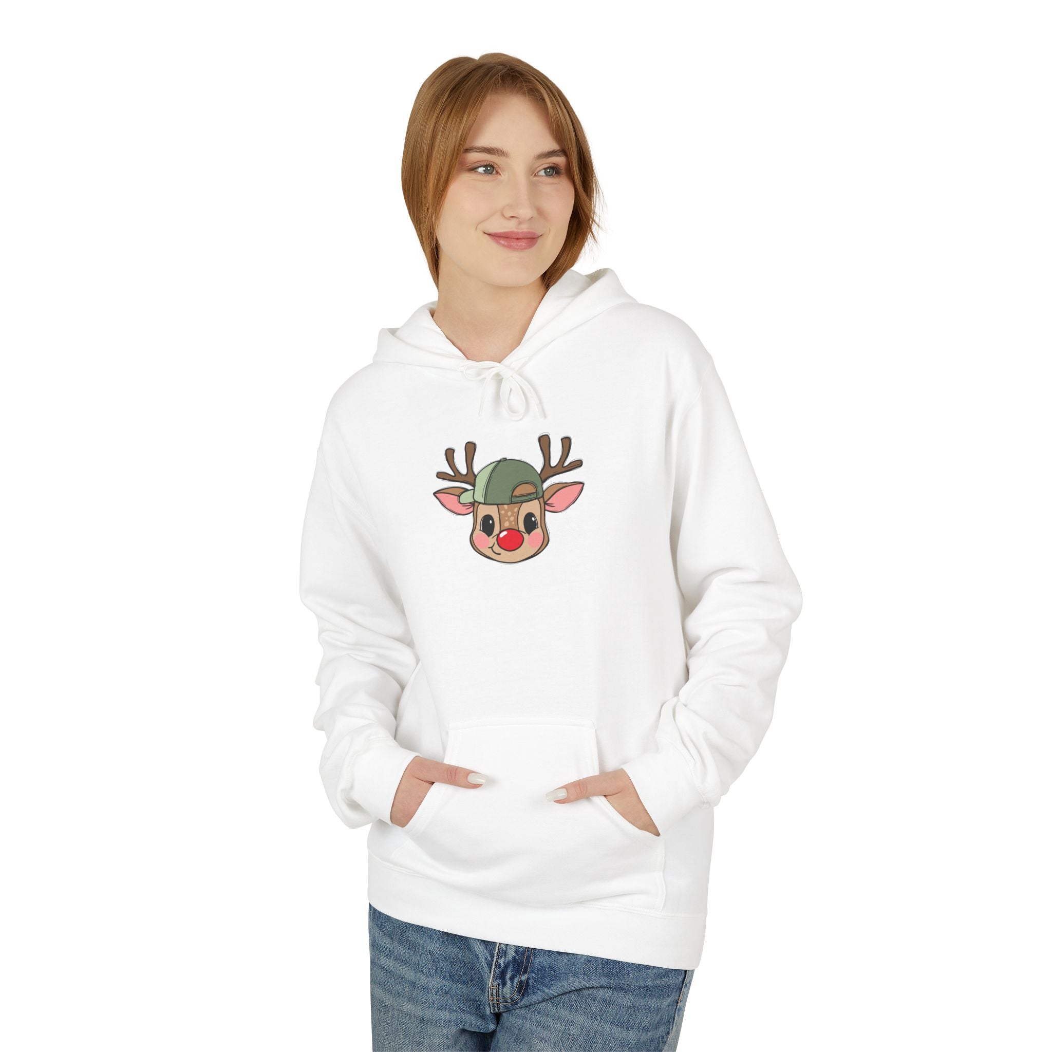 Christmas Reindeer Face Hoodie — Cute Rudolph with Green Beanie Holiday Sweatshirt
