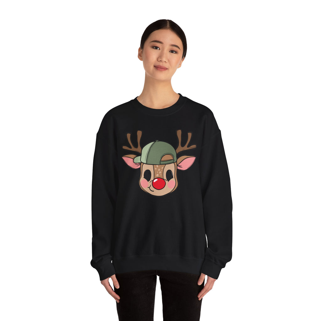 Cute Reindeer Face Sweatshirt – Festive Rudolph with Cap Christmas Crewneck