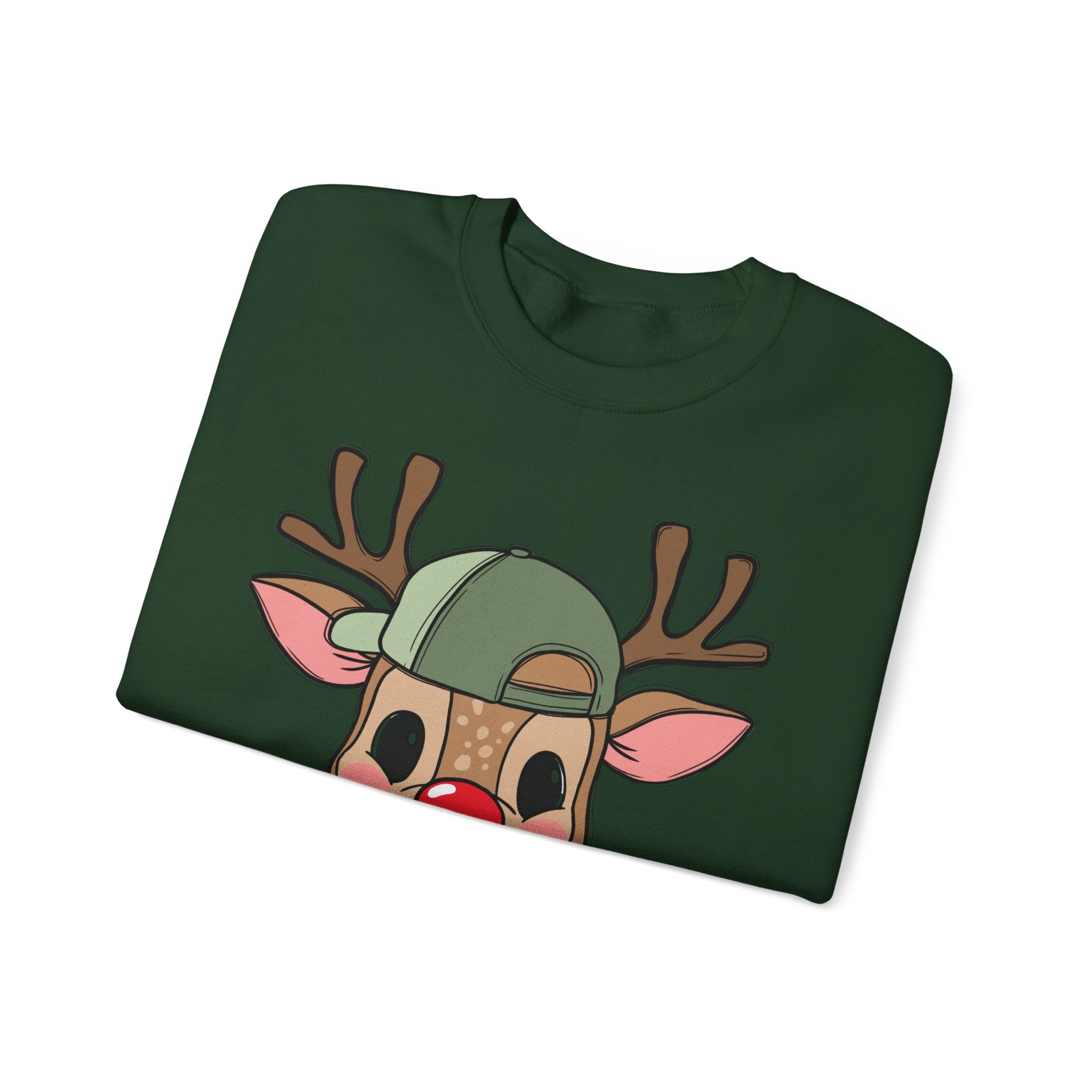 Cute Reindeer Face Sweatshirt – Festive Rudolph with Cap Christmas Crewneck