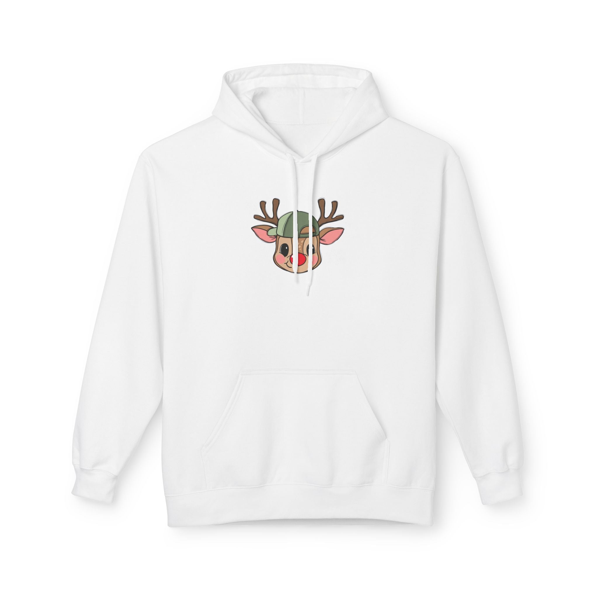 Christmas Reindeer Face Hoodie — Cute Rudolph with Green Beanie Holiday Sweatshirt