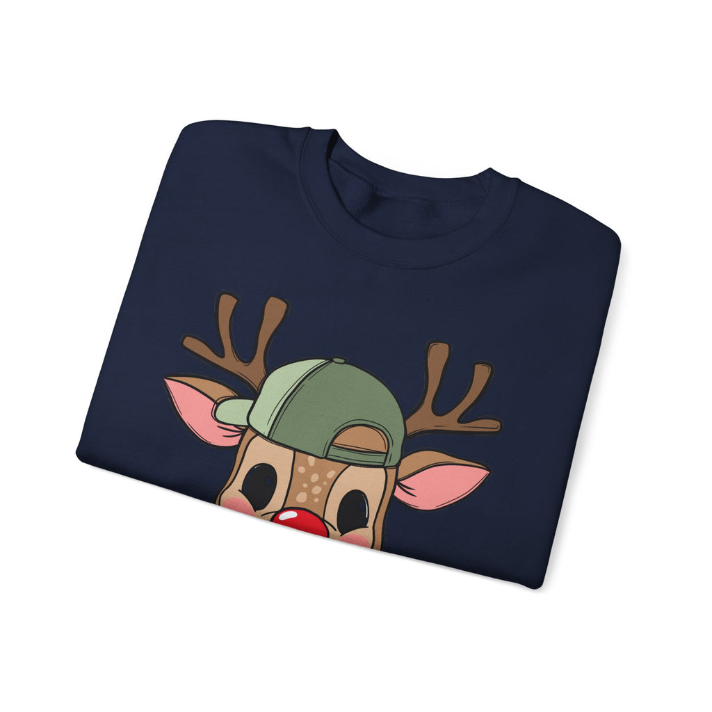 Cute Reindeer Face Sweatshirt – Festive Rudolph with Cap Christmas Crewneck