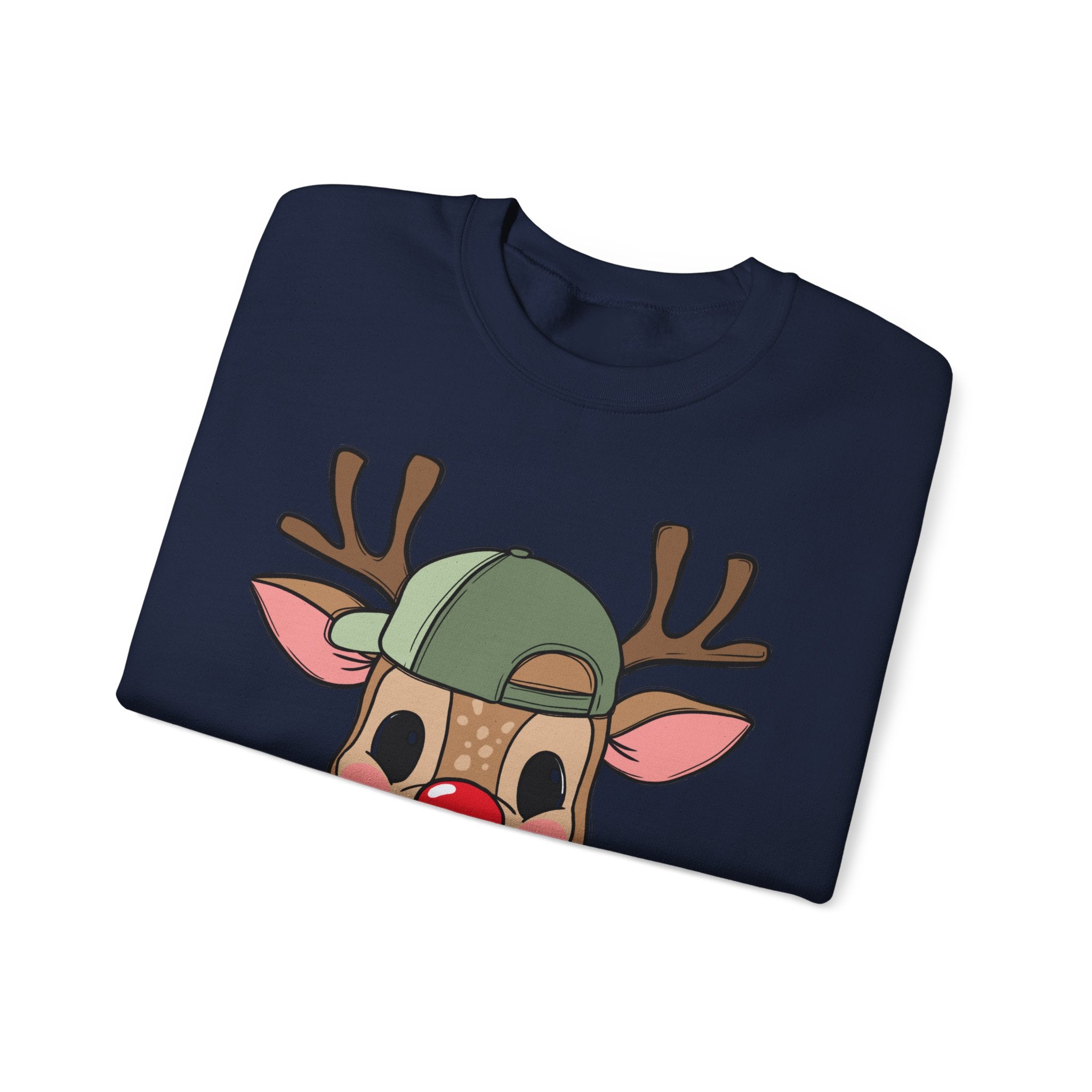 Cute Reindeer Face Sweatshirt – Festive Rudolph with Cap Christmas Crewneck