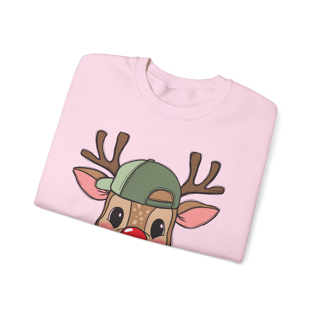 Cute Reindeer Face Sweatshirt – Festive Rudolph with Cap Christmas Crewneck