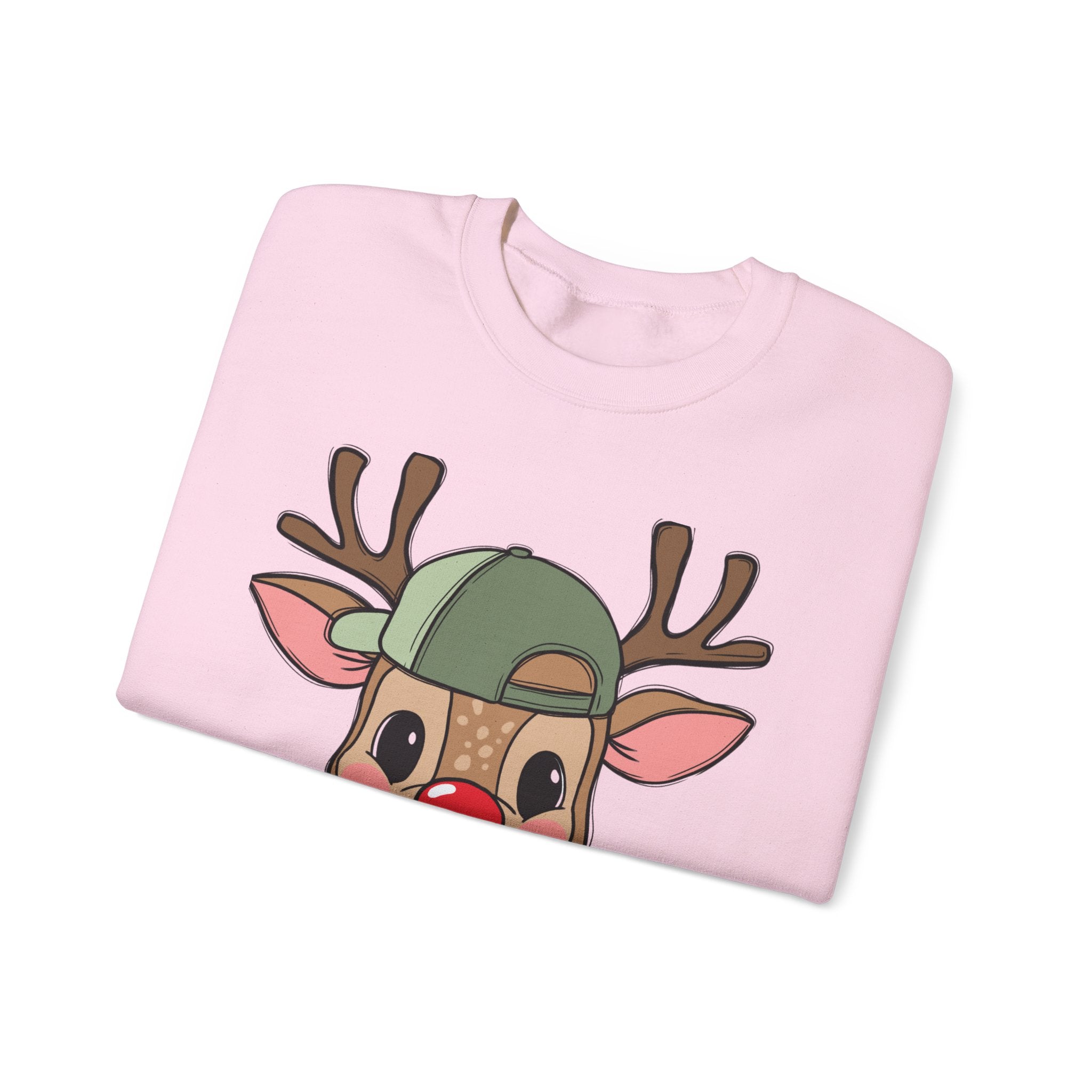 Cute Reindeer Face Sweatshirt – Festive Rudolph with Cap Christmas Crewneck