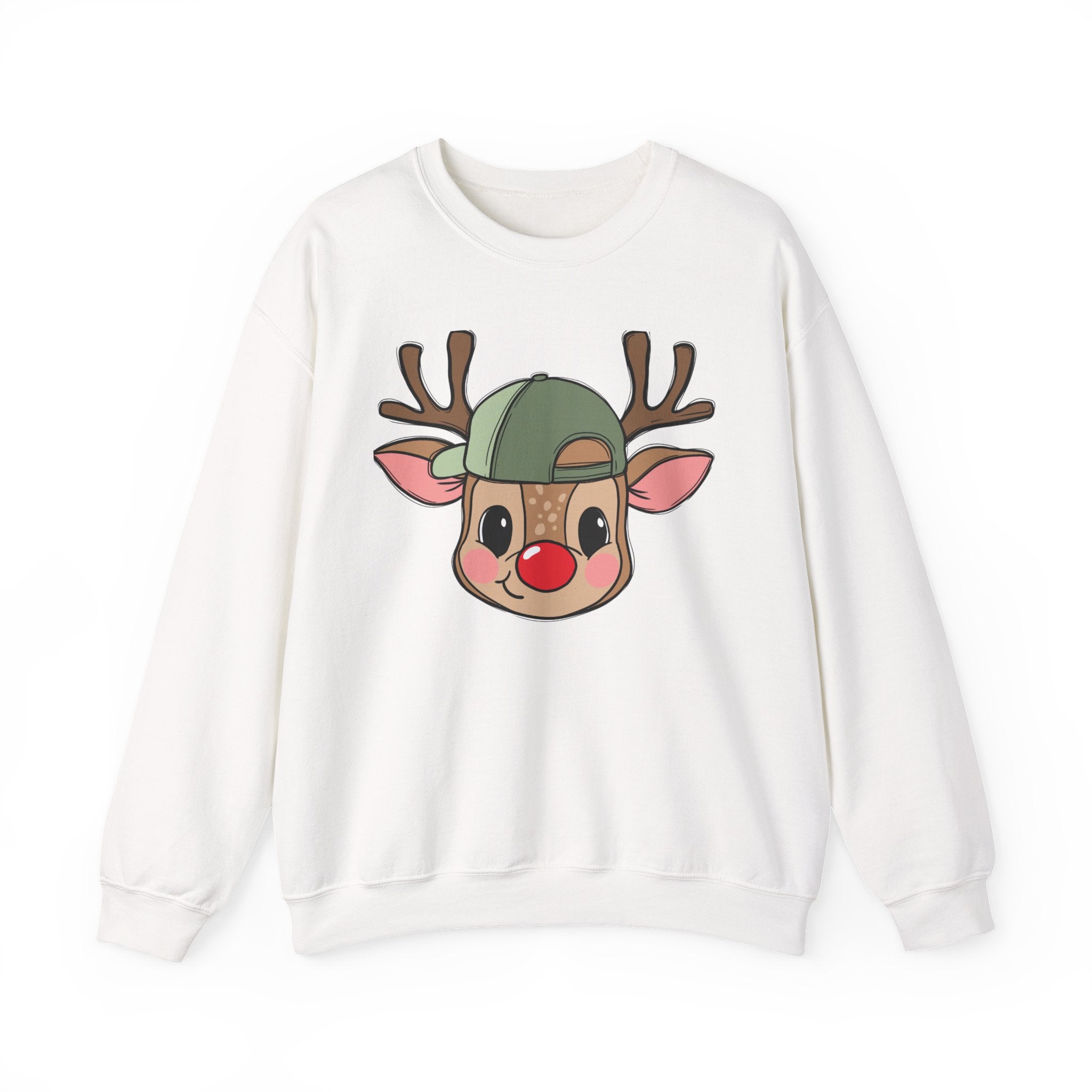 Cute Reindeer Face Sweatshirt – Festive Rudolph with Cap Christmas Crewneck