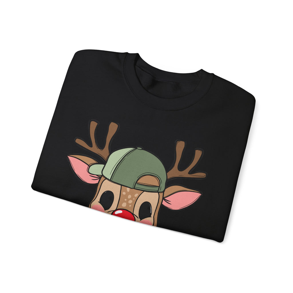 Cute Reindeer Face Sweatshirt – Festive Rudolph with Cap Christmas Crewneck