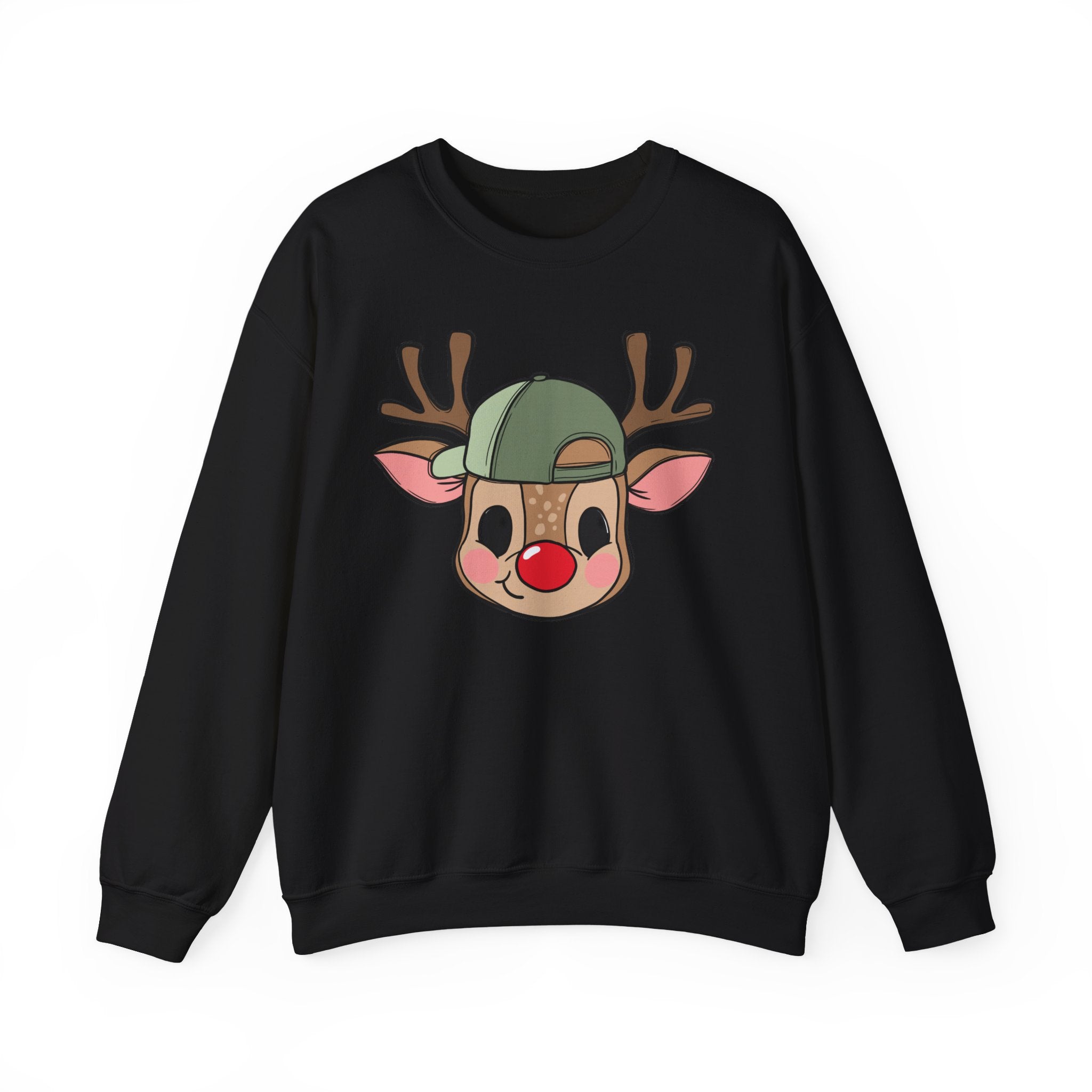 Cute Reindeer Face Sweatshirt – Festive Rudolph with Cap Christmas Crewneck