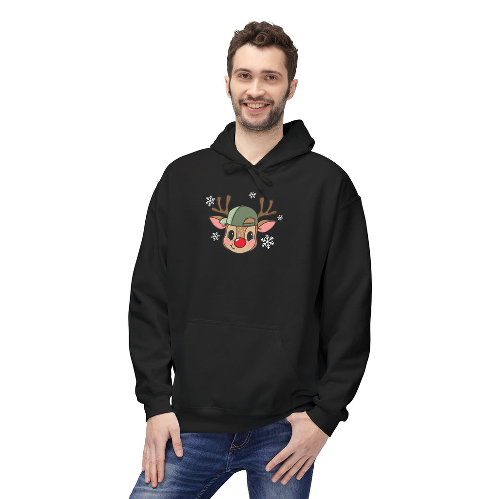 Christmas Reindeer Face Hoodie — Cute Rudolph with Green Beanie Holiday Sweatshirt
