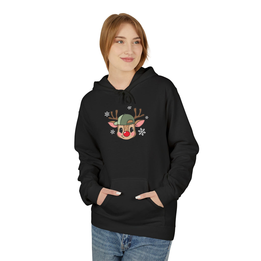 Christmas Reindeer Face Hoodie — Cute Rudolph with Green Beanie Holiday Sweatshirt