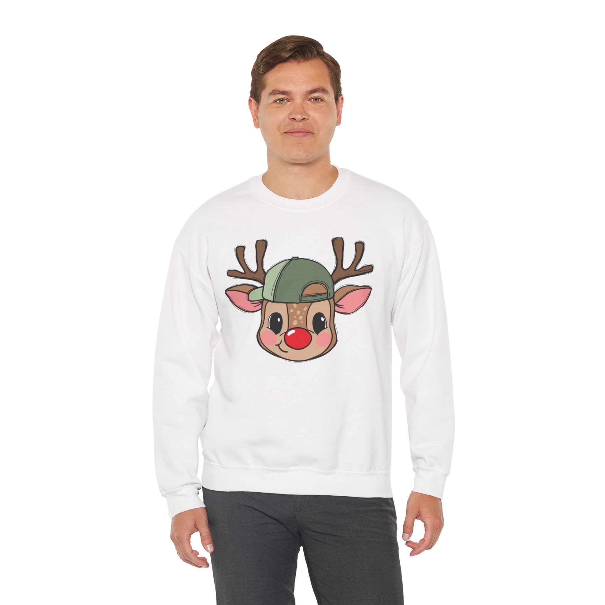 Cute Reindeer Face Sweatshirt – Festive Rudolph with Cap Christmas Crewneck