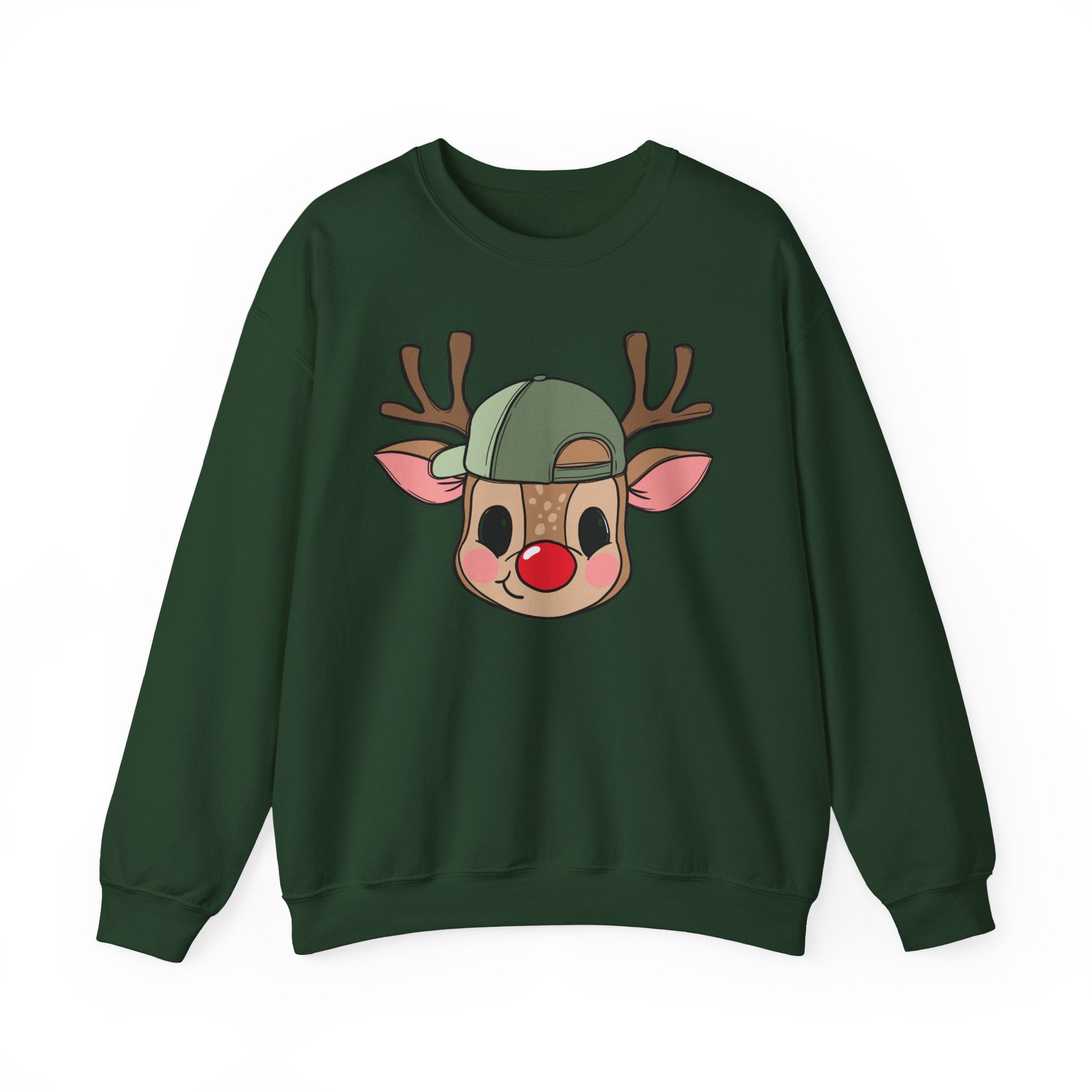Cute Reindeer Face Sweatshirt – Festive Rudolph with Cap Christmas Crewneck