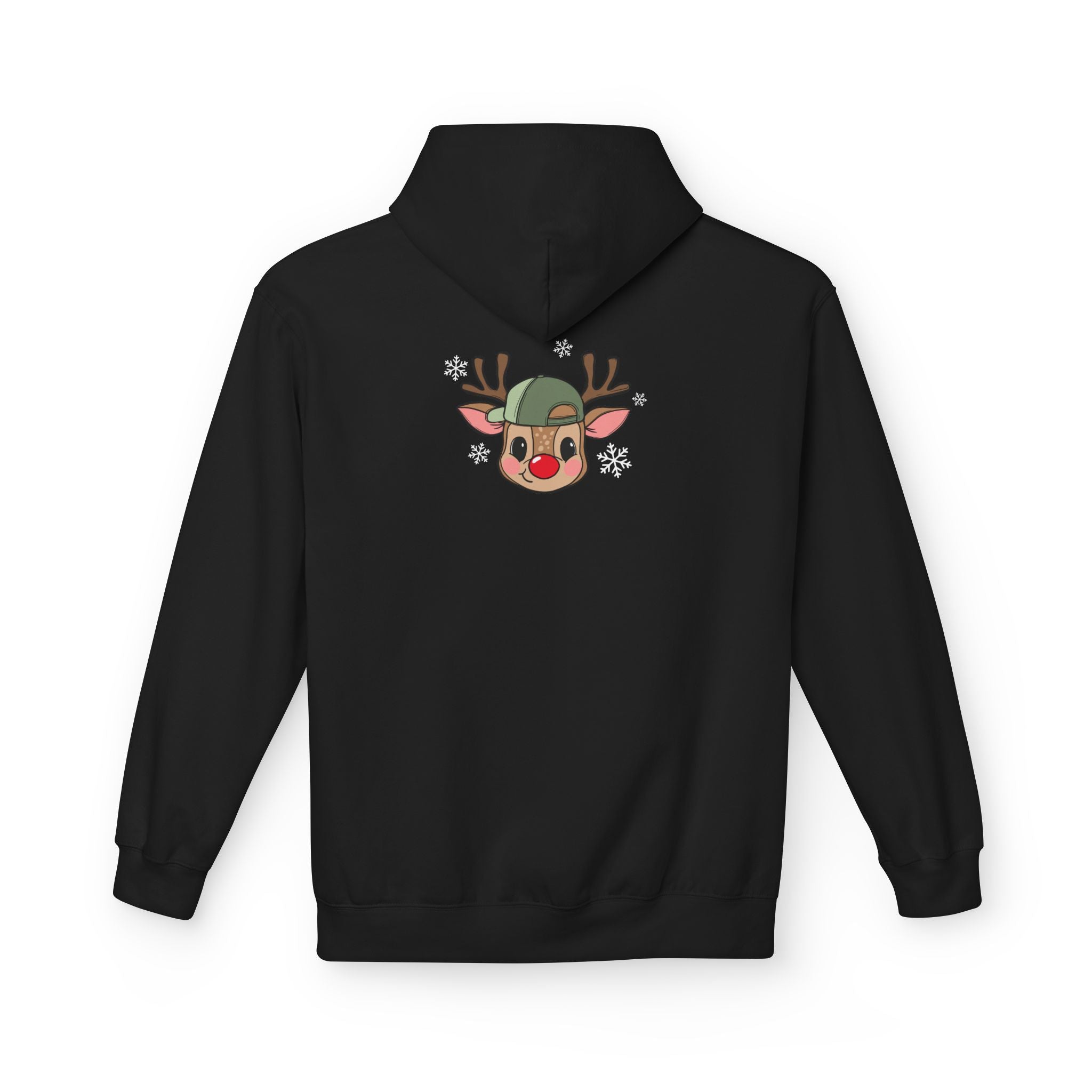 Christmas Reindeer Face Hoodie — Cute Rudolph with Green Beanie Holiday Sweatshirt