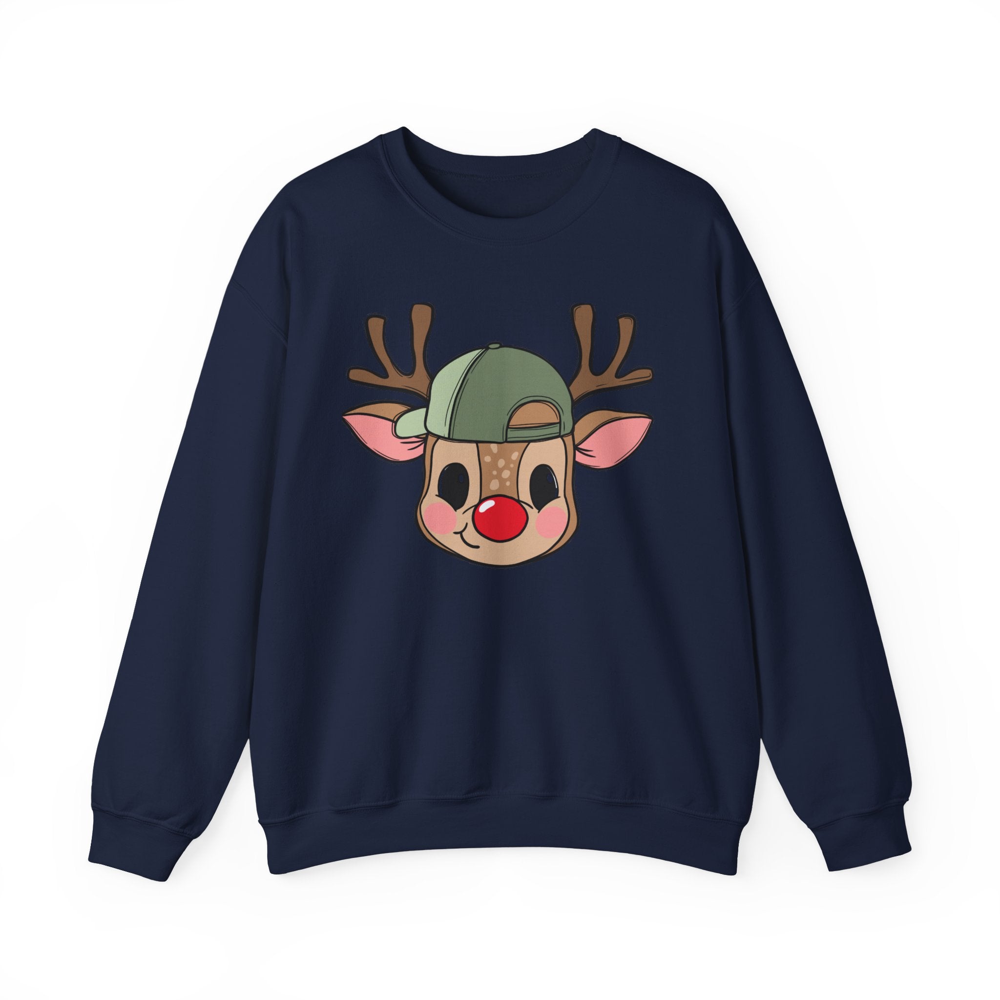 Cute Reindeer Face Sweatshirt – Festive Rudolph with Cap Christmas Crewneck