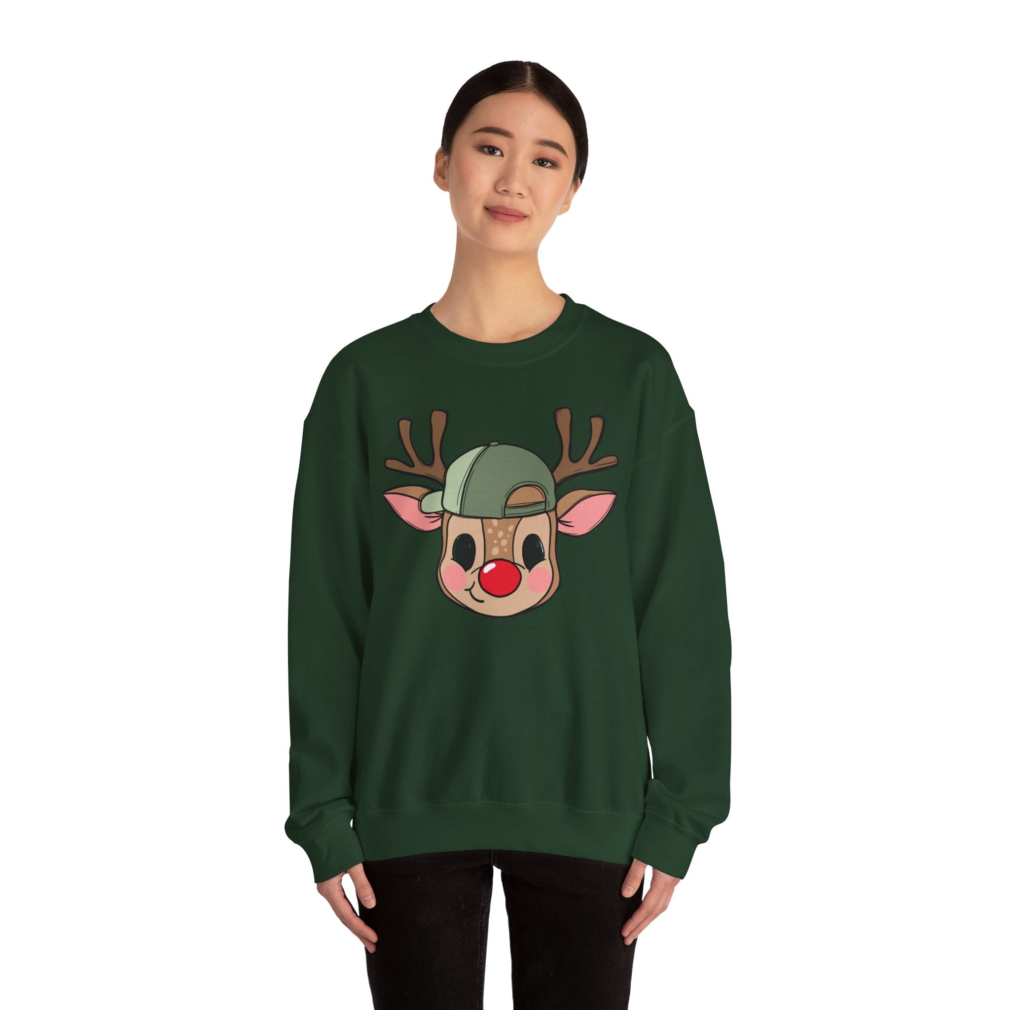 Cute Reindeer Face Sweatshirt – Festive Rudolph with Cap Christmas Crewneck