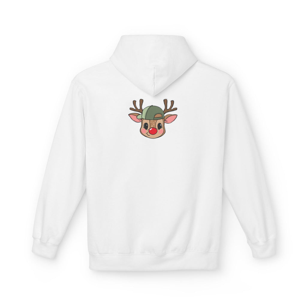 Christmas Reindeer Face Hoodie — Cute Rudolph with Green Beanie Holiday Sweatshirt