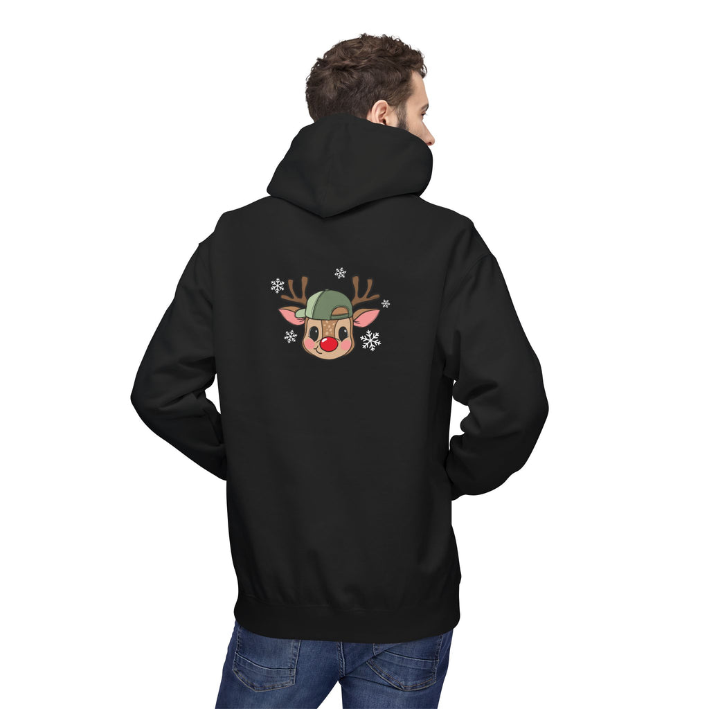 Christmas Reindeer Face Hoodie — Cute Rudolph with Green Beanie Holiday Sweatshirt
