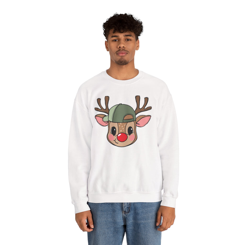 Cute Reindeer Face Sweatshirt – Festive Rudolph with Cap Christmas Crewneck