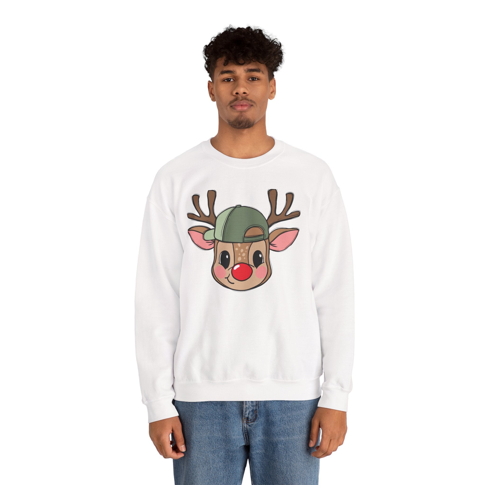 Cute Reindeer Face Sweatshirt – Festive Rudolph with Cap Christmas Crewneck