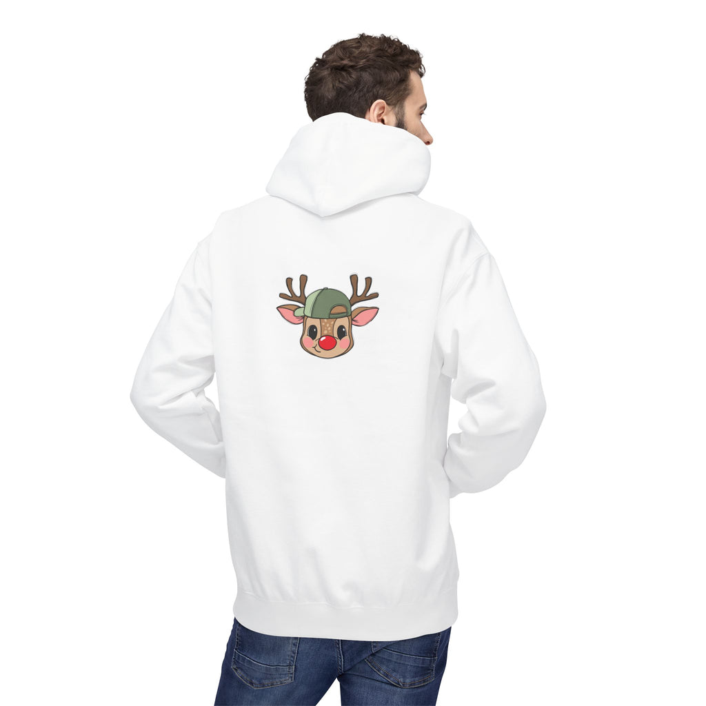 Christmas Reindeer Face Hoodie — Cute Rudolph with Green Beanie Holiday Sweatshirt