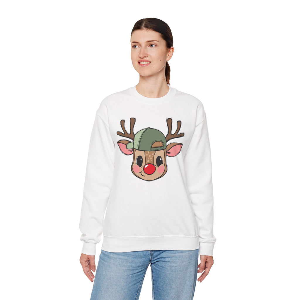 Cute Reindeer Face Sweatshirt – Festive Rudolph with Cap Christmas Crewneck